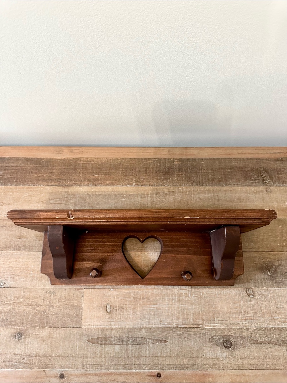 Vintage Rustic Wooden Brown Heart Cut Out Accent Wall Shelf  13” CottageCore